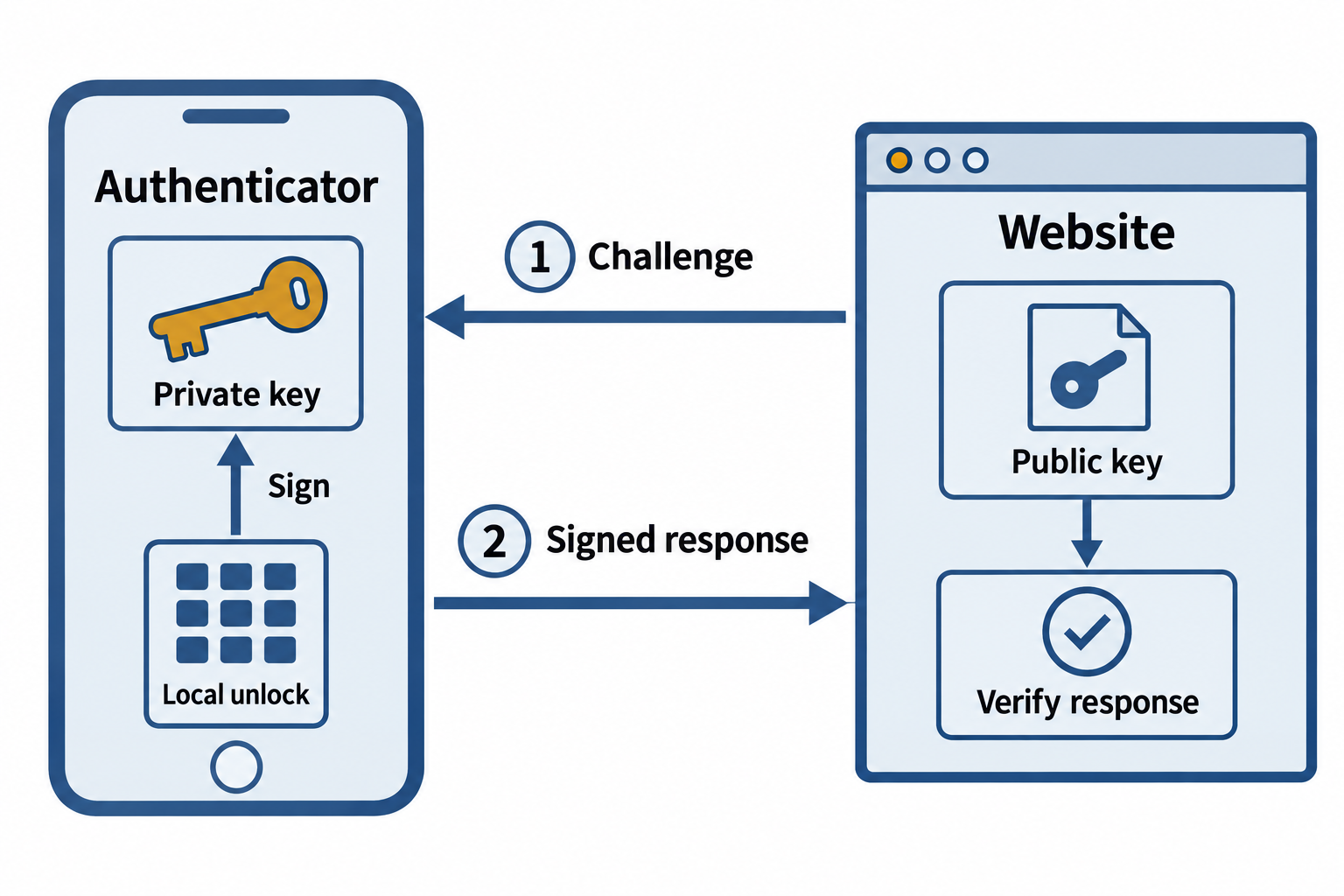 A website sends a challenge to an authenticator, which is locally unlocked and returns a signed response; the website checks it with a stored public key.
