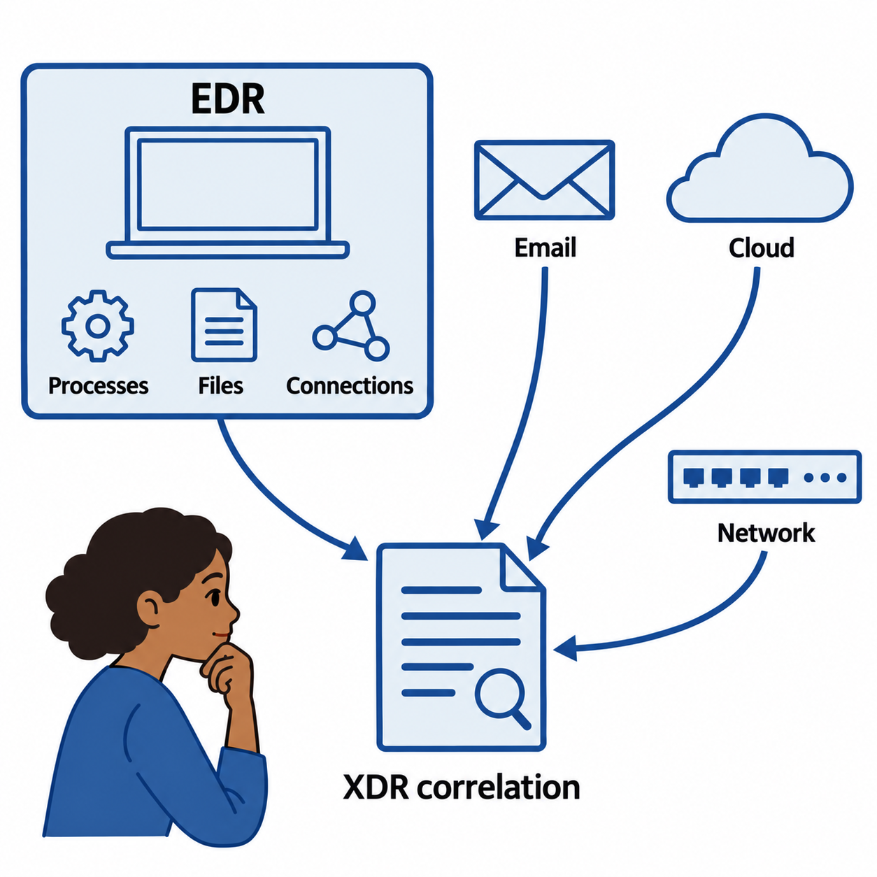 Endpoint processes, files, and connections combine with email, cloud, and network events in an XDR investigation.