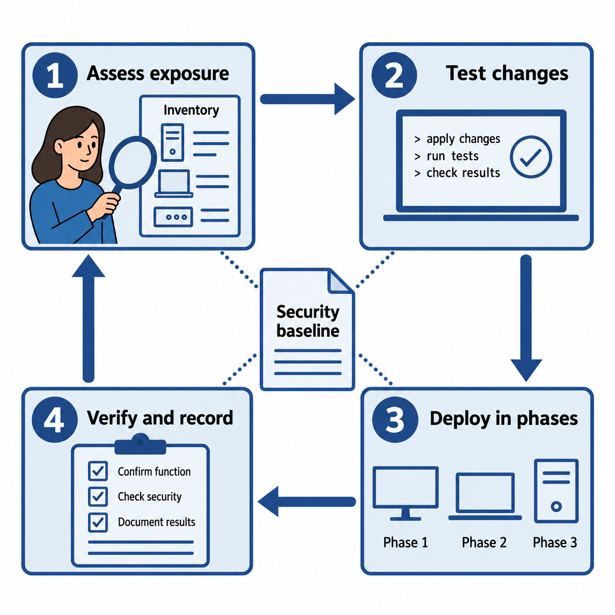 A four-stage cycle connects exposure assessment, testing, phased deployment, and verification around a security baseline.