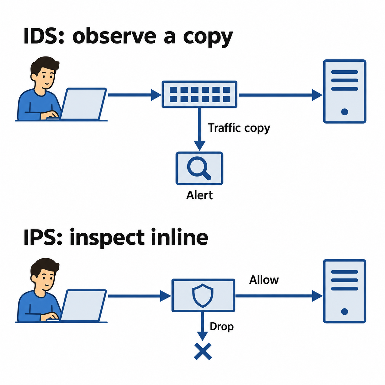Two paths compare an IDS receiving a traffic copy with an IPS positioned inline to allow or drop traffic.