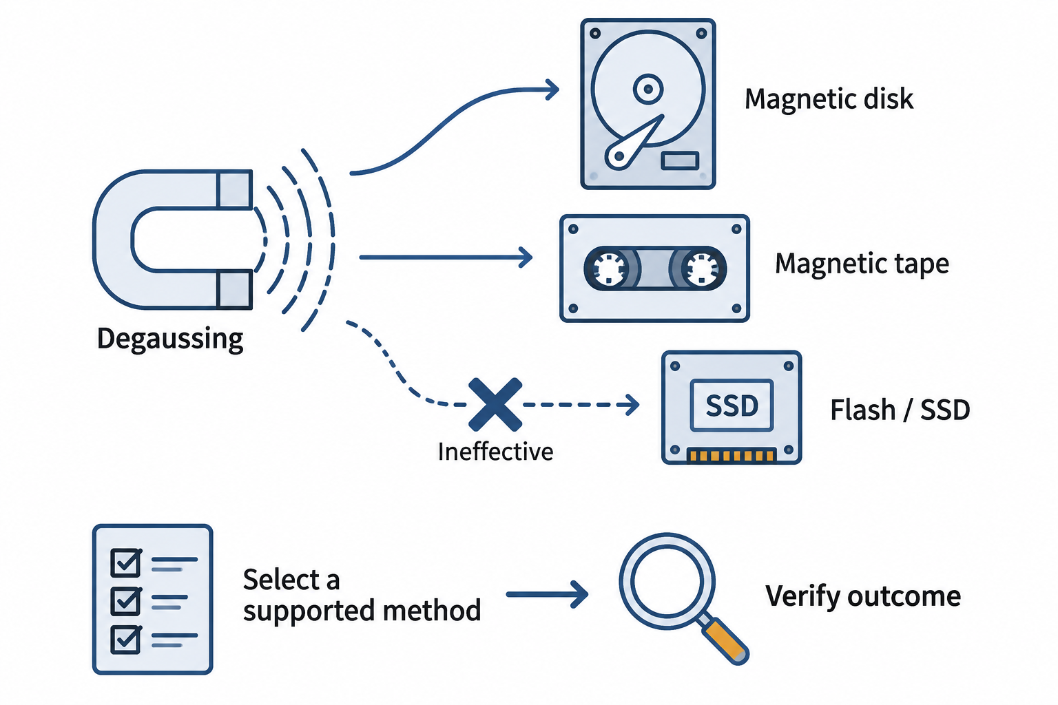 A magnet acts on a hard drive and tape; a crossed path excludes a flash-memory device.