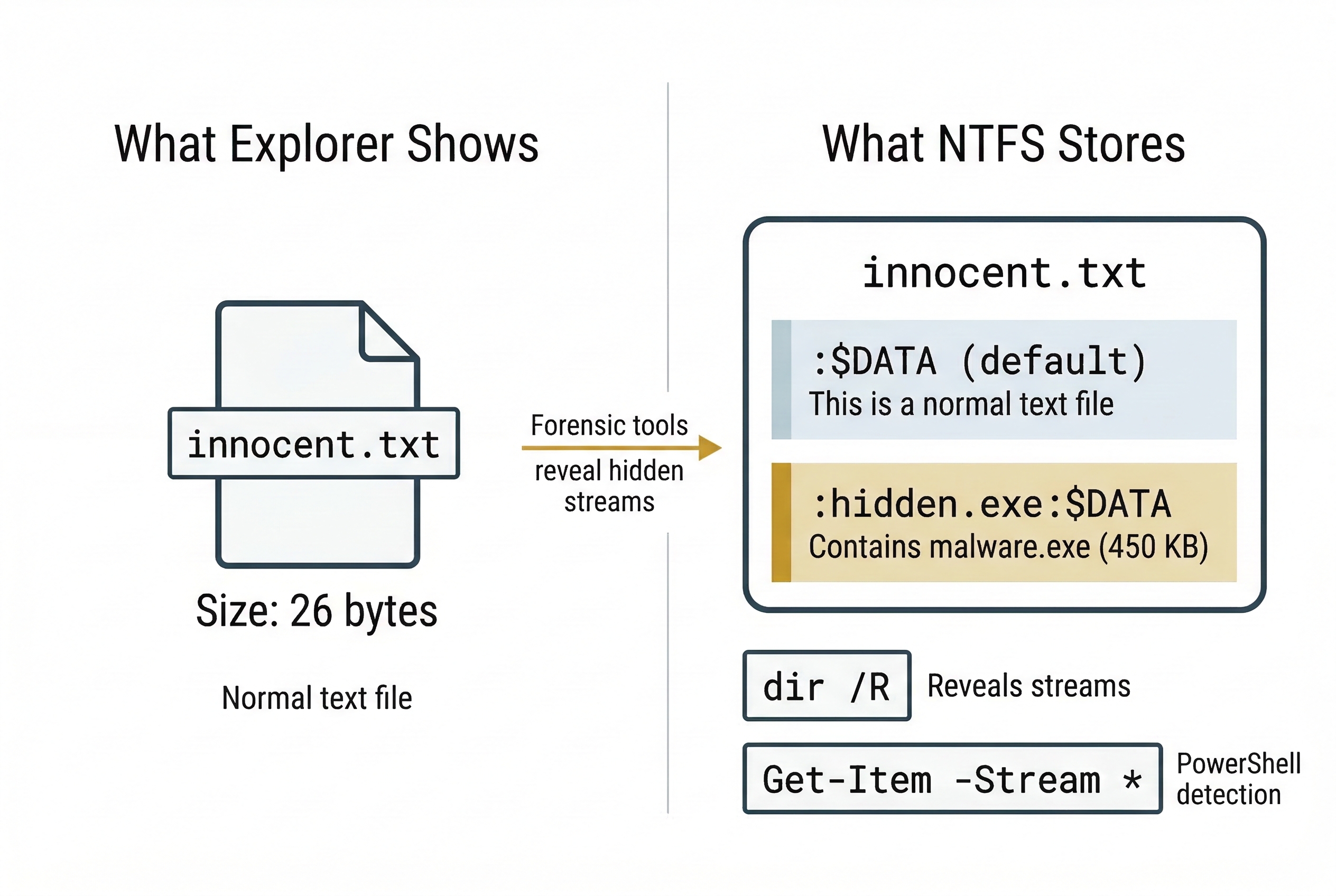 Side-by-side comparison of NTFS Alternate Data Streams. The left panel shows what Windows Explorer displays: a normal 26-byte text file called innocent.txt. The right panel reveals what NTFS actually stores: the default $DATA stream with normal content, plus a hidden alternate stream named hidden.exe containing 450 KB of malware, with dir /R and Get-Item -Stream commands shown for detection.