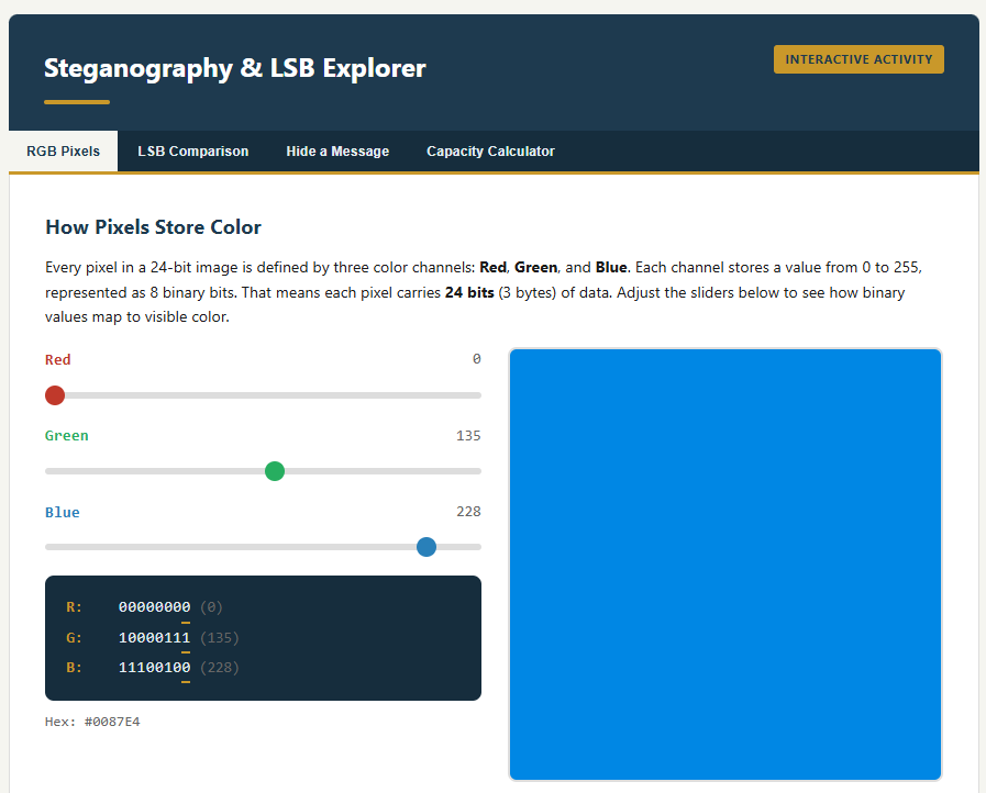 Screenshot of the Steganography and LSB Explorer interactive activity showing the RGB Pixels tab. The interface includes sliders for Red, Green, and Blue color channels with live binary and decimal values displayed, a color preview panel showing the resulting color, and additional tabs for LSB Comparison, Hide a Message, and Capacity Calculator.