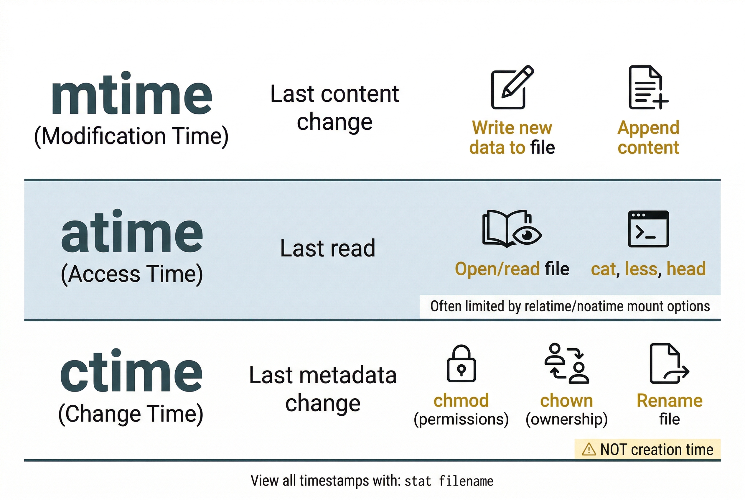 Three-row reference diagram explaining Linux MAC timestamps. Top row: 'mtime (Modification Time)' described as 'Last content change,' triggered by 'Write new data to file' and 'Append content,' each shown with a document icon. Middle row: 'atime (Access Time)' described as 'Last read,' triggered by 'Open/read file' and 'cat, less, head,' each with an icon, and a note 'Often limited by relatime/noatime mount options.' Bottom row: 'ctime (Change Time)' described as 'Last metadata change,' triggered by 'chmod (permissions),' 'chown (ownership),' and 'Rename file,' each with an icon, and a highlighted warning note 'NOT creation time.' A footer reads 'View all timestamps with: stat filename.'