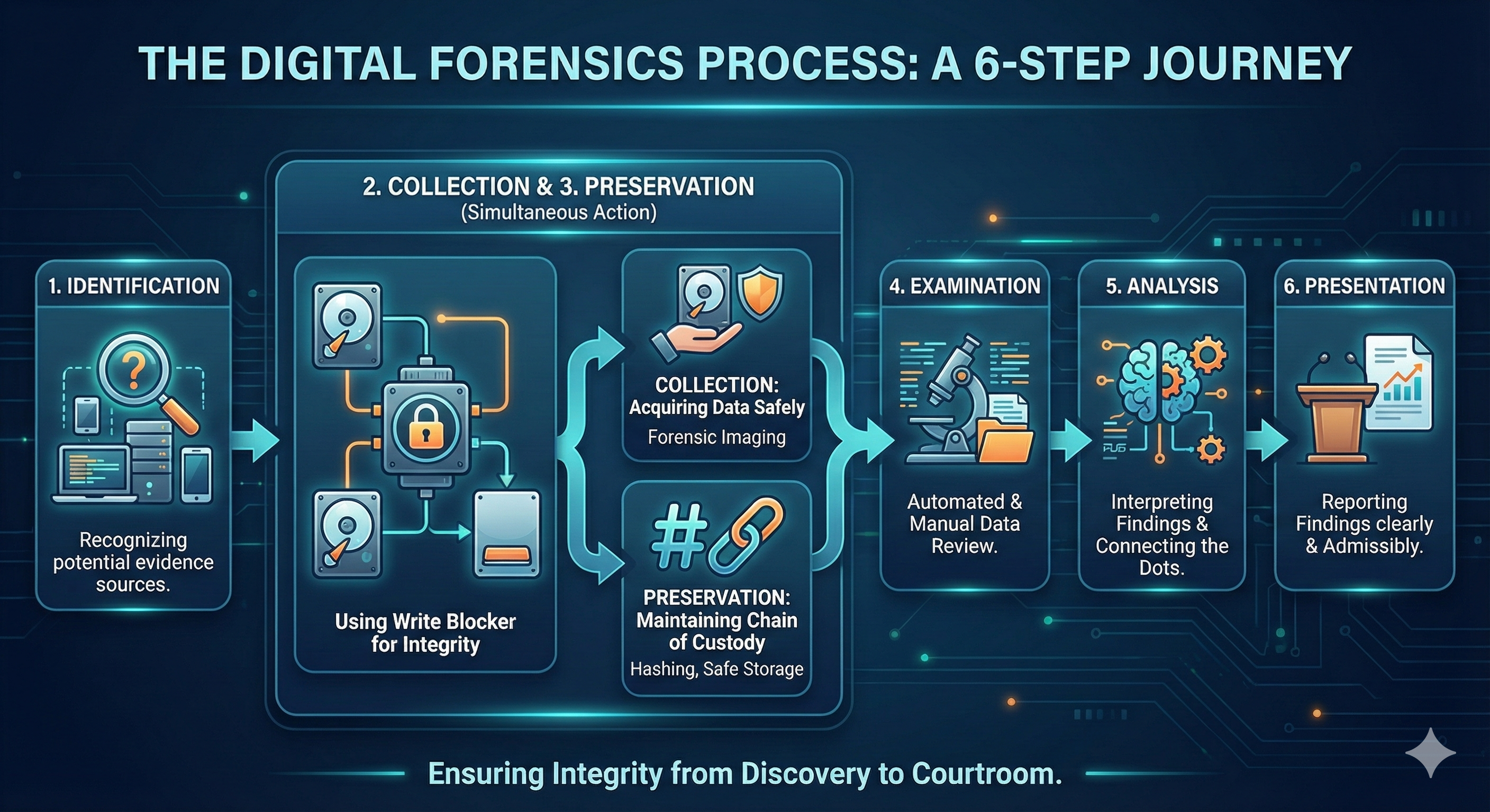 Six-step flowchart of the digital forensics process. Steps flow left to right: 1. Identification (recognizing potential evidence sources), 2. Collection and 3. Preservation shown as simultaneous actions (acquiring data safely via forensic imaging while maintaining chain of custody through hashing and safe storage), 4. Examination (automated and manual data review), 5. Analysis (interpreting findings and connecting artifacts), and 6. Presentation (reporting findings clearly and admissibly). A tagline reads Ensuring Integrity from Discovery to Courtroom.