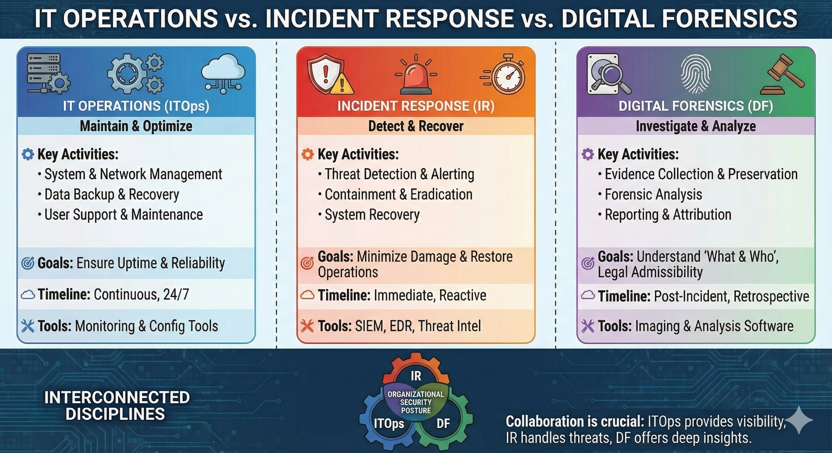 Three-column comparison chart showing IT Operations, Incident Response, and Digital Forensics side by side. Each column lists key activities, goals, timeline, and tools. A Venn diagram at the bottom illustrates how the three disciplines overlap as interconnected parts of an organization's security posture.