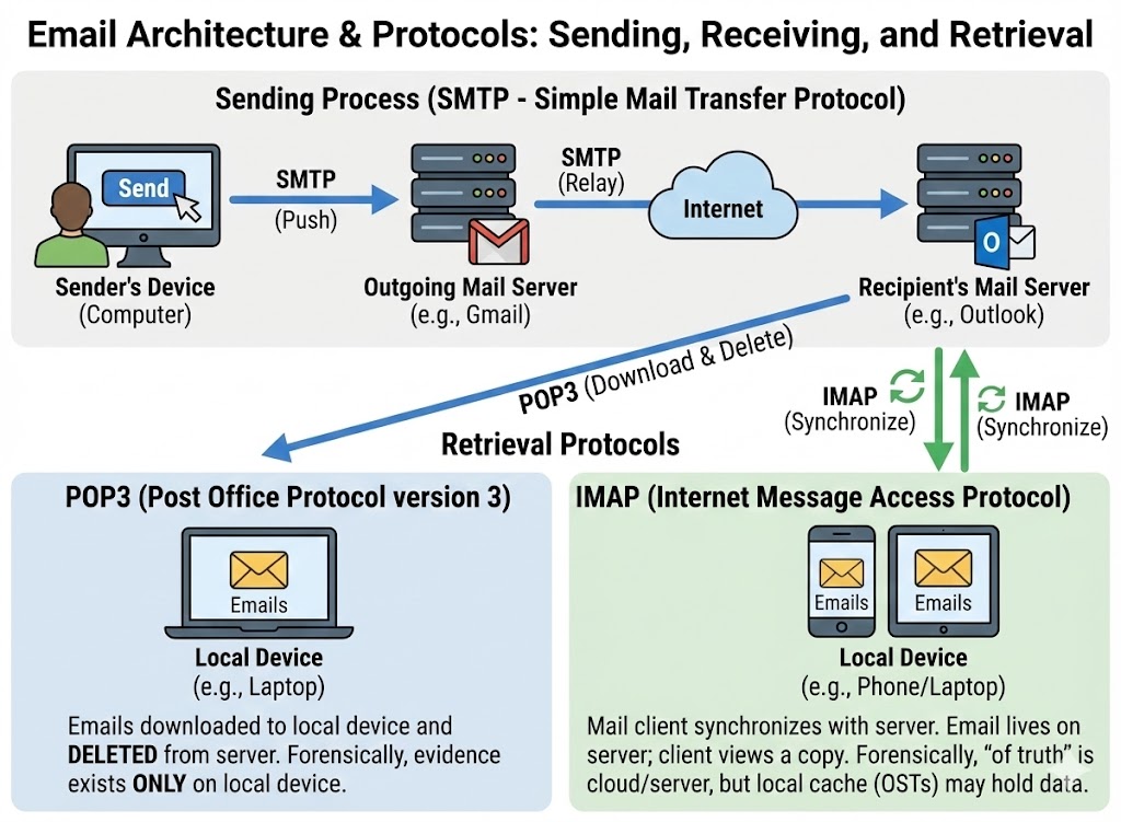 Diagram of email architecture showing the sending process via SMTP from the sender's device through the outgoing mail server to the recipient's mail server. The lower section compares POP3, which downloads and deletes emails from the server, with IMAP, which synchronizes emails across multiple devices.