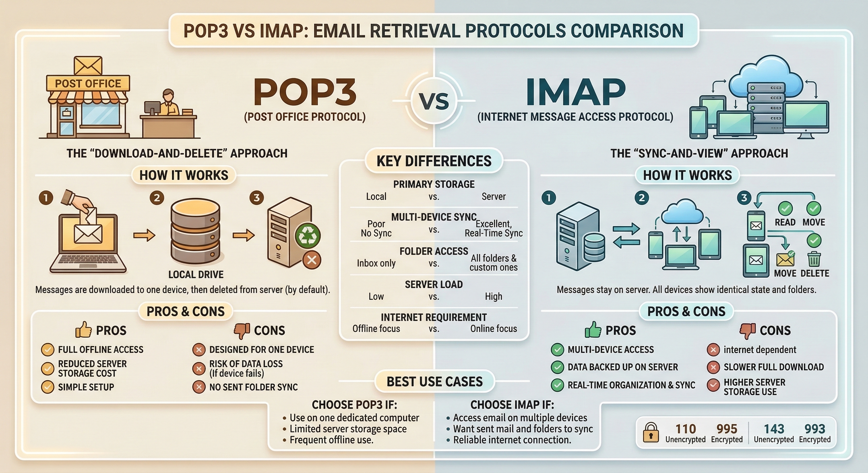 Side-by-side comparison infographic of POP3 and IMAP email retrieval protocols. POP3 is described as the download-and-delete approach with local storage, while IMAP uses a sync-and-view approach keeping emails on the server. A center column lists key differences including primary storage location, multi-device sync capability, and port numbers.
