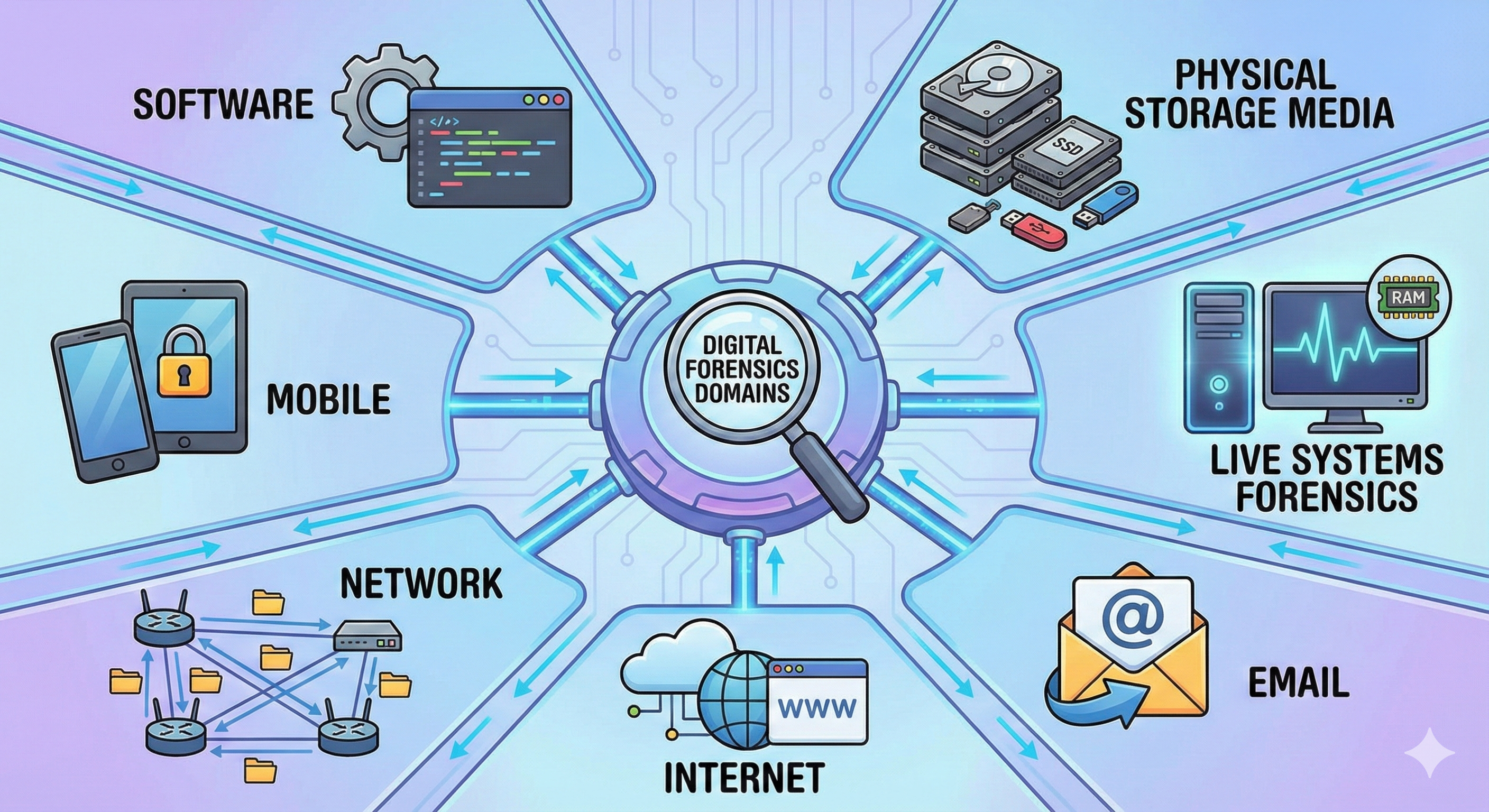 Radial diagram showing seven domains of digital forensics branching from a central hub labeled Digital Forensics Domains with a magnifying glass icon. The seven domains are Software, Mobile, Network, Internet, Email, Live Systems Forensics, and Physical Storage Media, each represented by a descriptive icon.