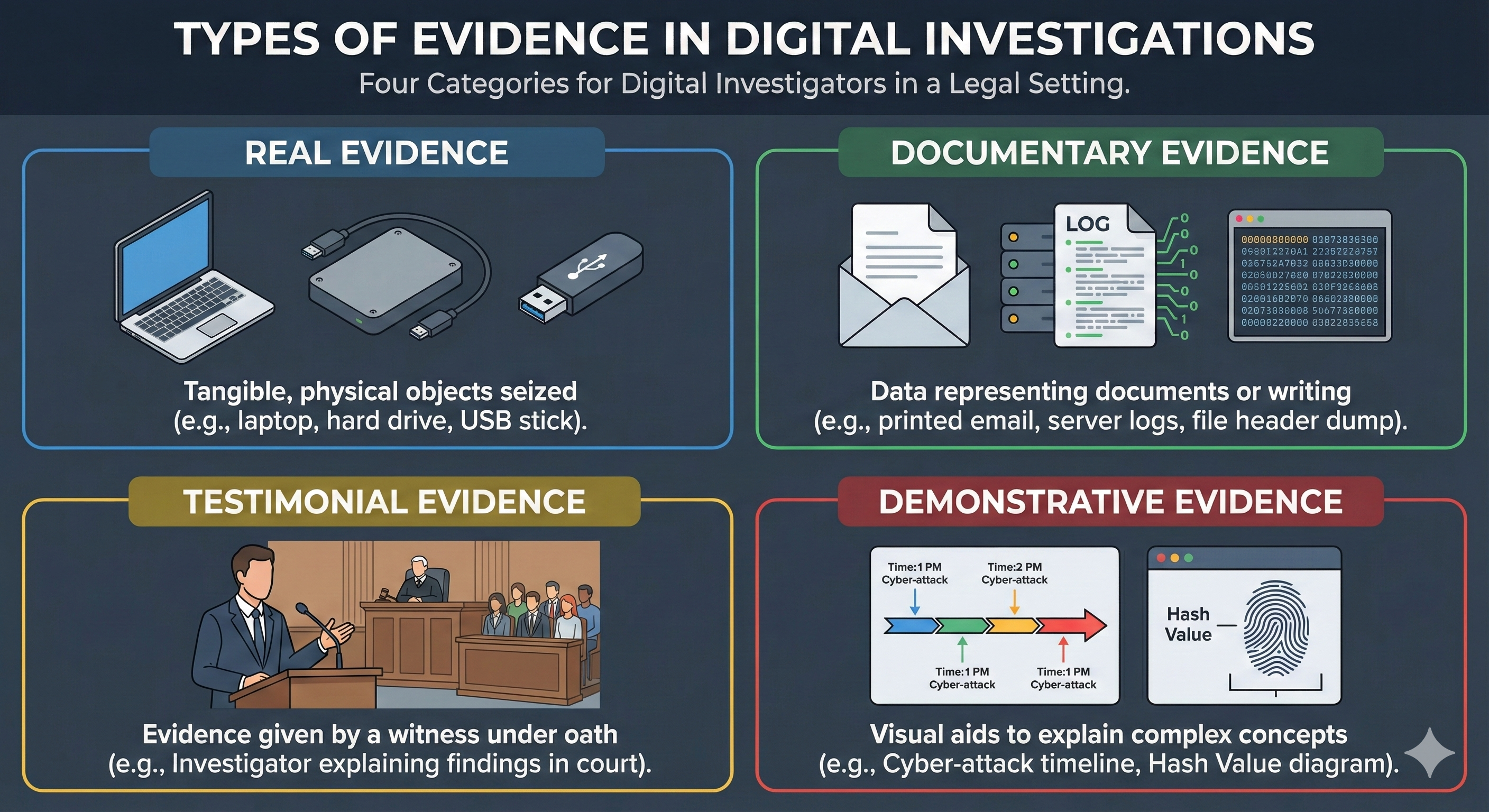 Four-panel infographic titled Types of Evidence in Digital Investigations. The panels show Real Evidence (tangible physical objects such as laptops and USB drives), Documentary Evidence (data such as printed emails, server logs, and file header dumps), Testimonial Evidence (witness testimony given under oath in court), and Demonstrative Evidence (visual aids such as cyber-attack timelines and hash value diagrams).
