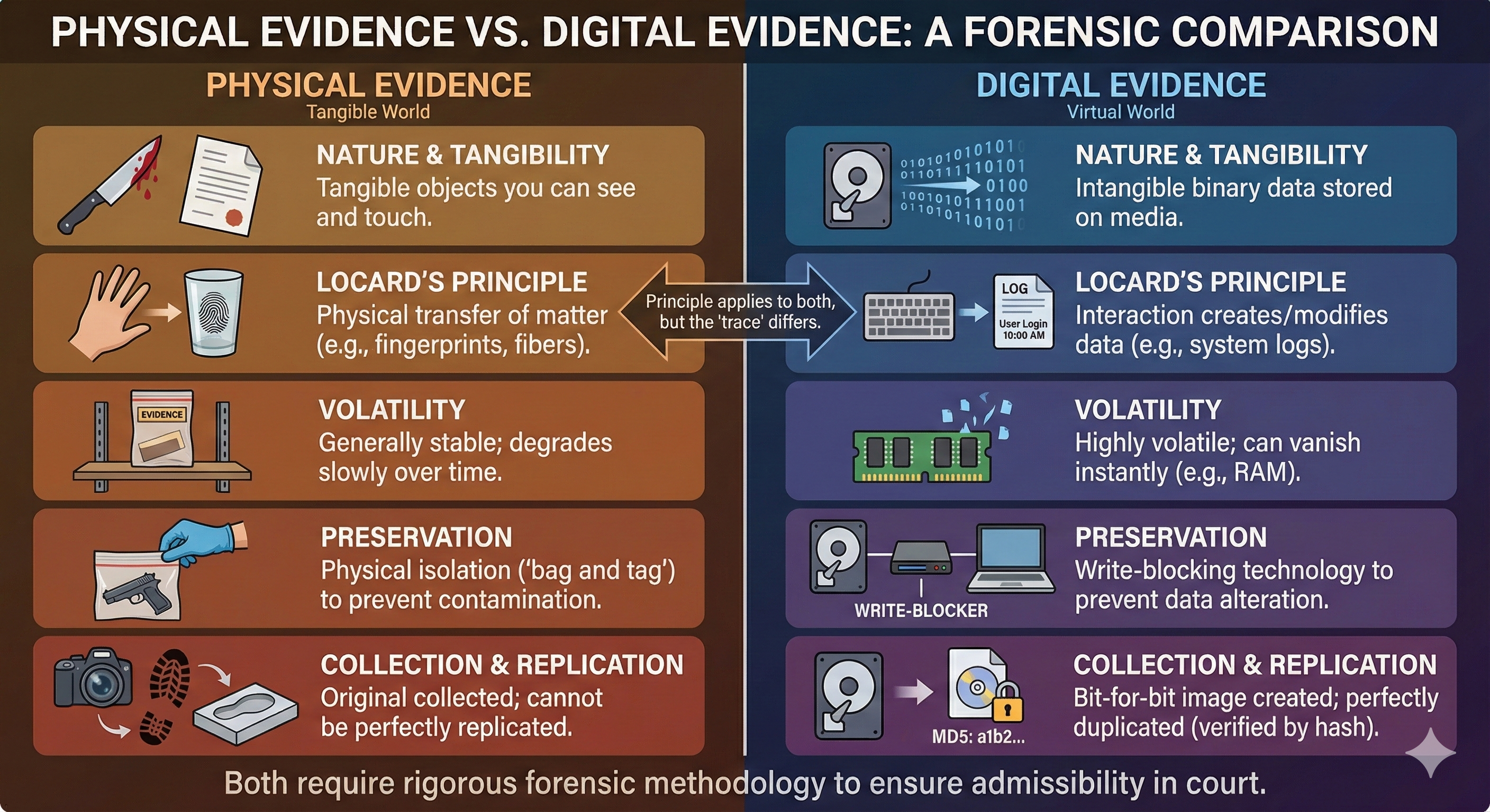 Side-by-side comparison chart of physical evidence versus digital evidence across five forensic categories: Nature and Tangibility, Locard's Principle, Volatility, Preservation, and Collection and Replication. Physical evidence is shown on the left (tangible, degrades slowly, uses bag-and-tag) and digital evidence on the right (binary data on media, highly volatile, uses write-blockers and bit-for-bit imaging). A footer note states that both require rigorous forensic methodology for court admissibility.