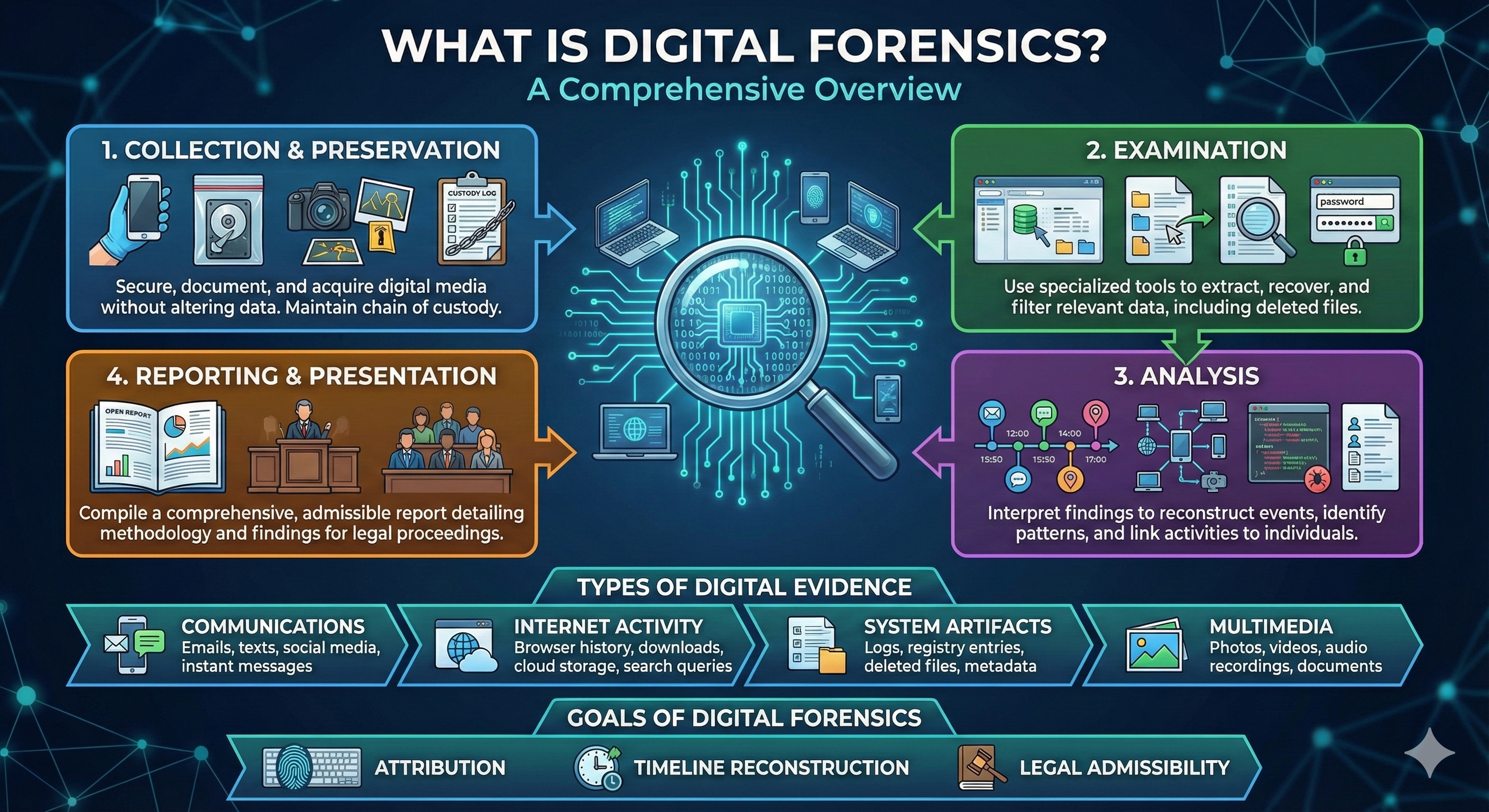Infographic titled What is Digital Forensics showing the four phases of the forensic process (Collection and Preservation, Examination, Analysis, Reporting and Presentation) arranged around a central magnifying glass icon, with types of digital evidence listed below (Communications, Internet Activity, System Artifacts, Multimedia) and three goals at the bottom: Attribution, Timeline Reconstruction, and Legal Admissibility.