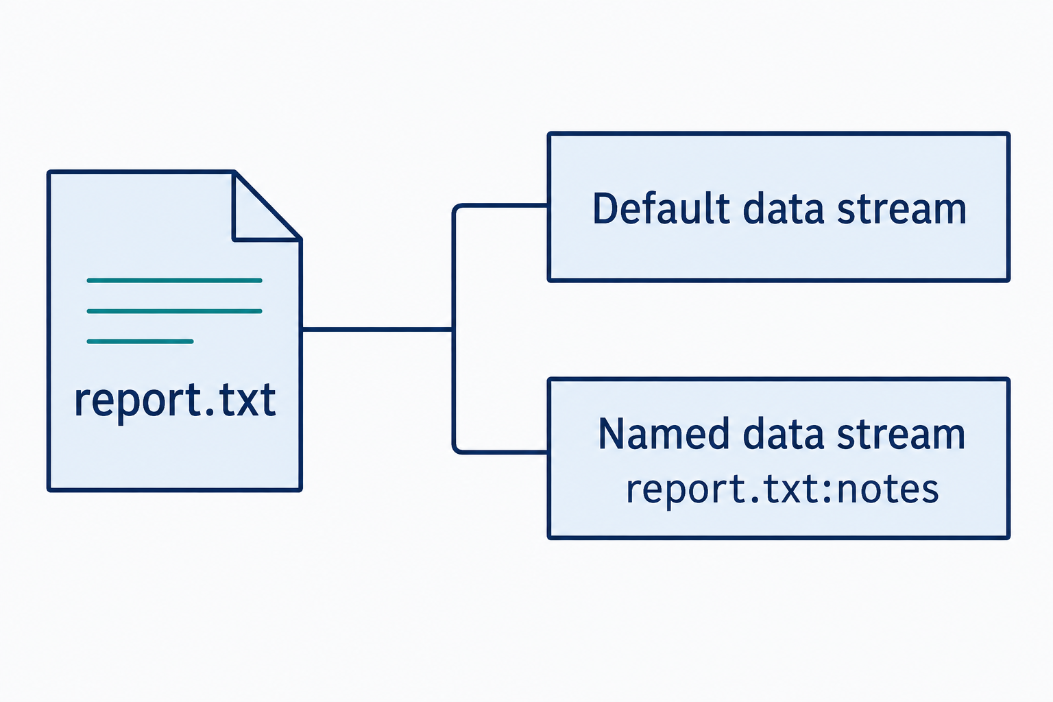 The file report.txt branches to its default data stream and the named stream report.txt:notes.