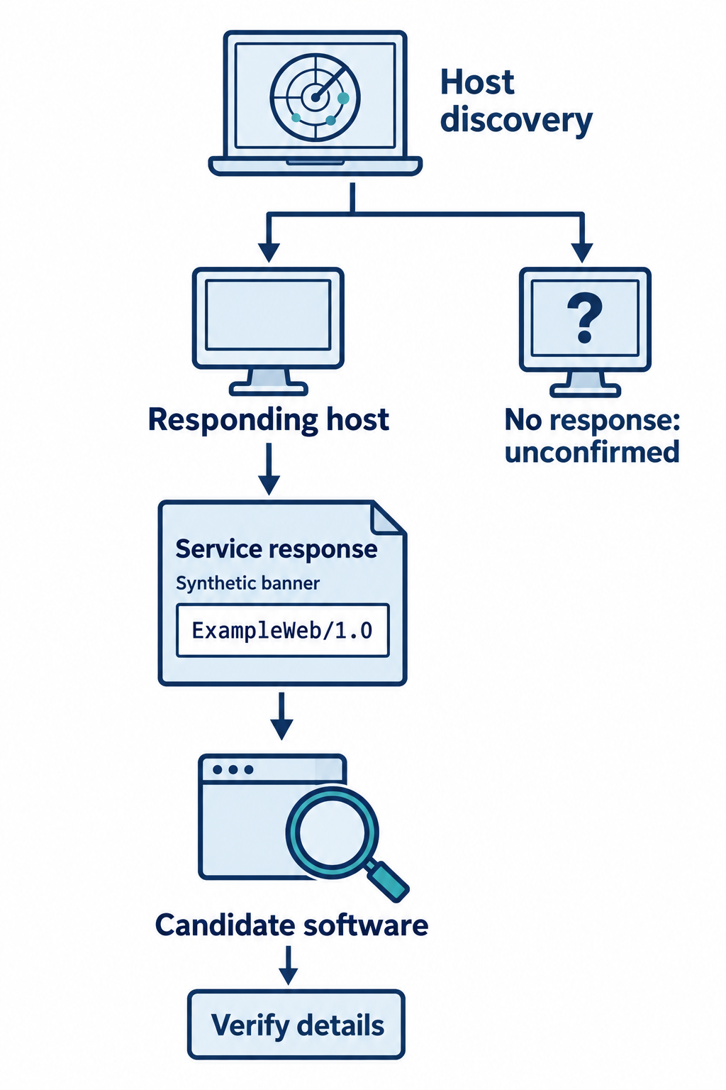 Host discovery branches to a responding host and an unconfirmed nonresponding host. A service response from the responding host leads to candidate software identification and verification.