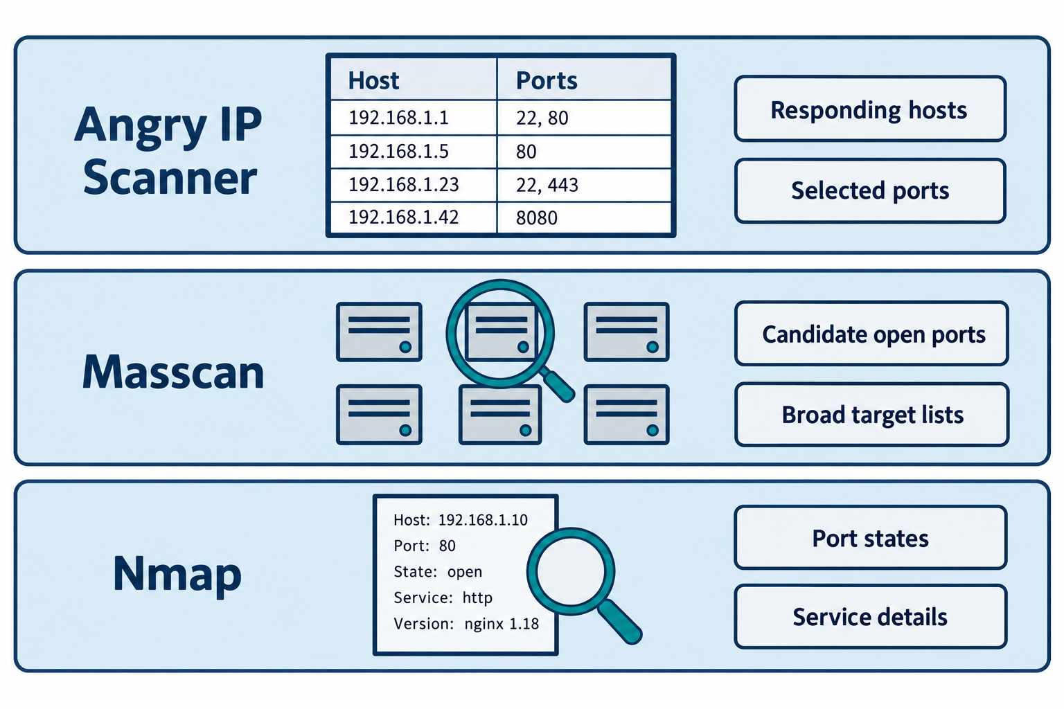Angry IP Scanner summarizes responding hosts, Masscan finds candidate open ports, and Nmap adds service details. Observations require follow-up.