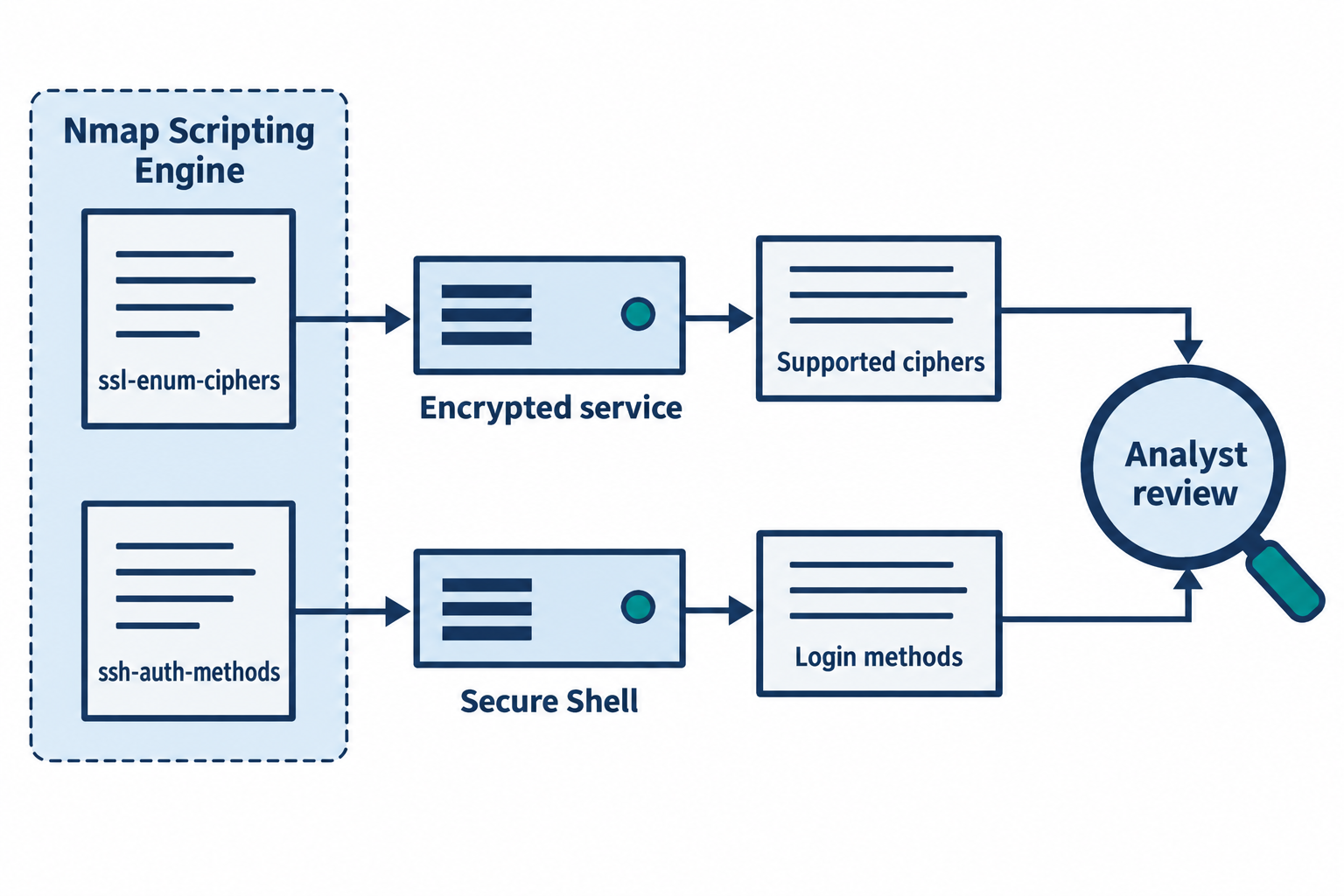 Two NSE checks connect to different services: ssl-enum-ciphers reports supported cipher suites, and ssh-auth-methods reports authentication methods.