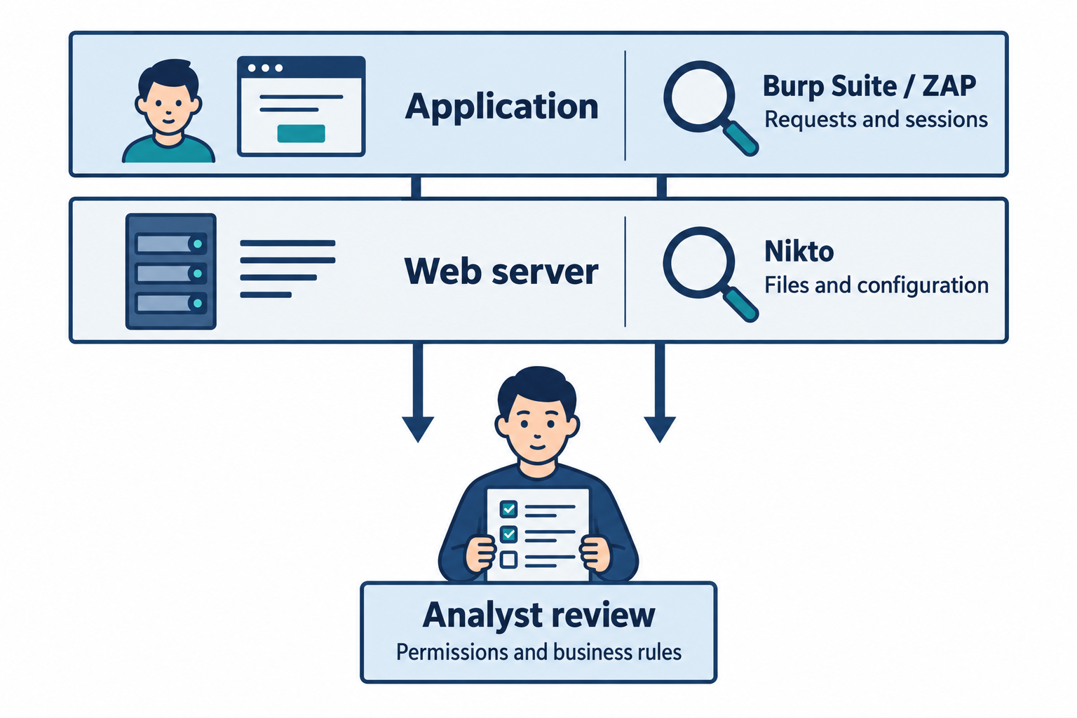Nikto checks web server exposure, while Burp Suite and ZAP examine application interactions. Analysts review findings and test expected behavior.