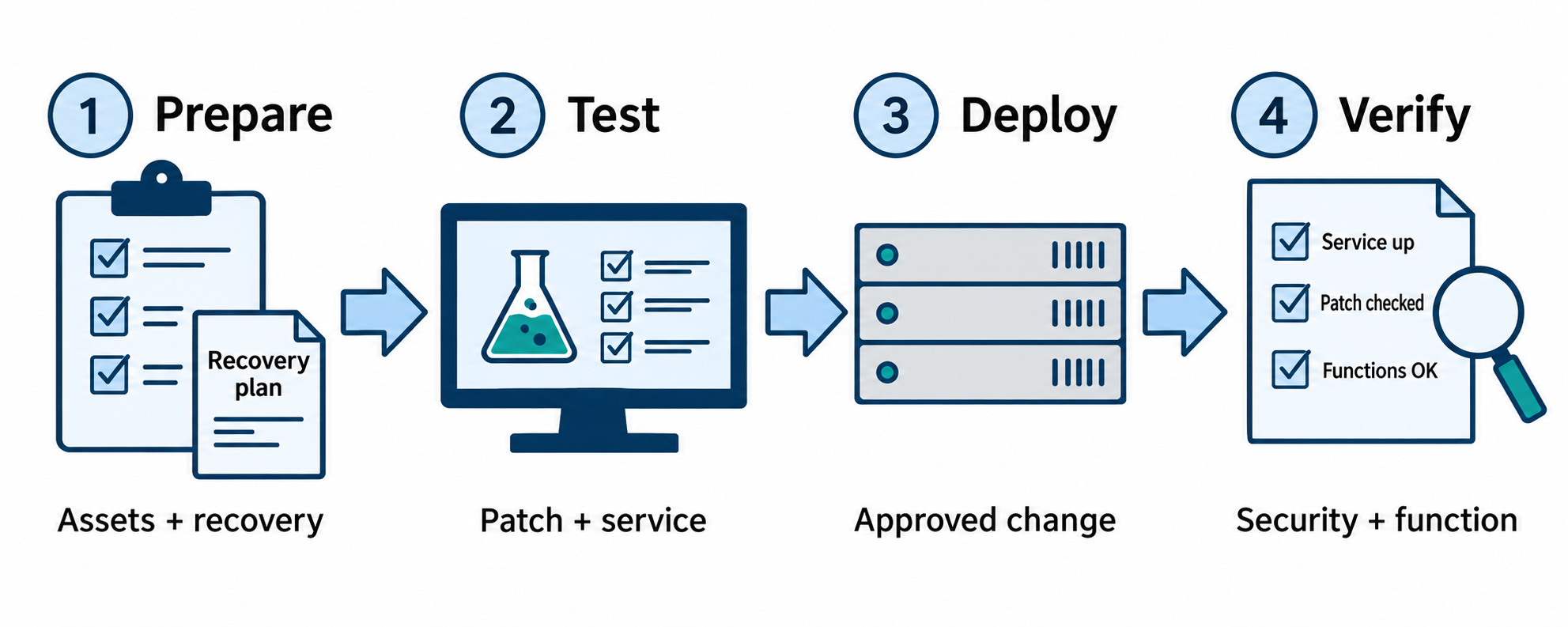 Four numbered stations show prepare, test, deploy, and verify, with a recovery plan attached to preparation.
