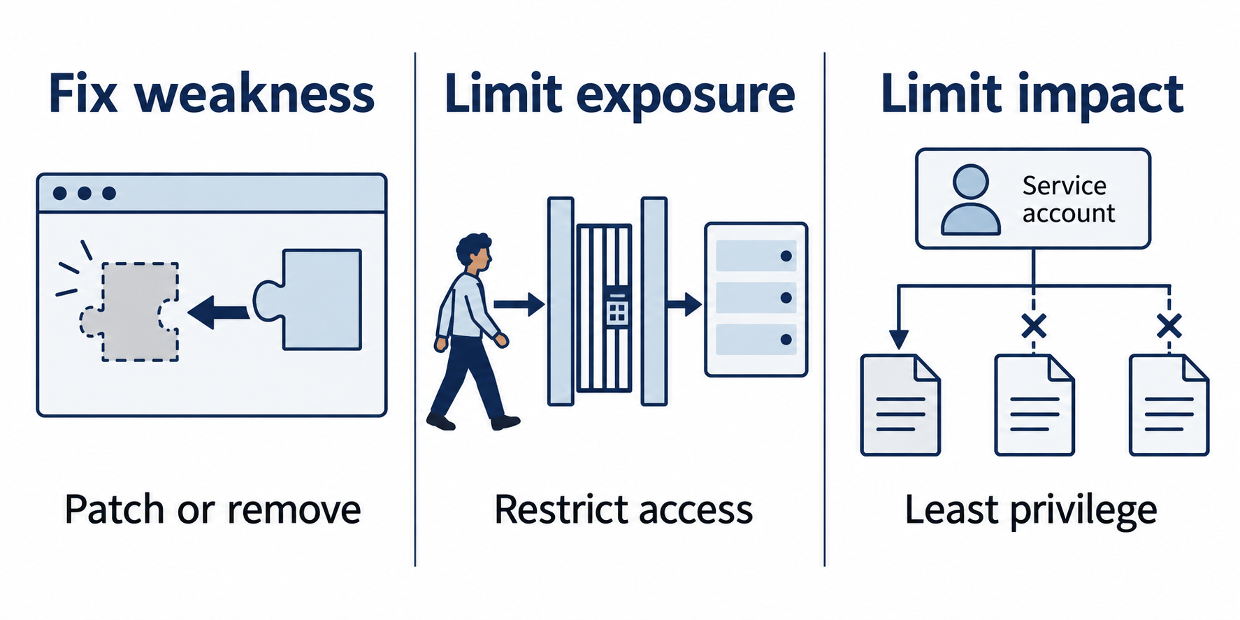 A patch repairs a component, an access control restricts a route, and scoped permissions limit reachable data.