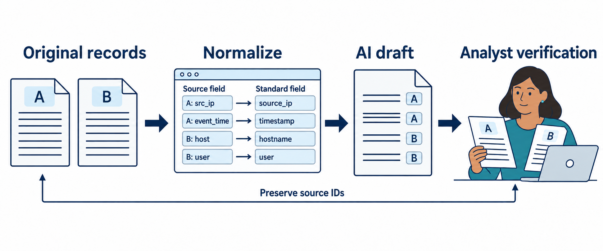 Original records pass through normalization and an AI draft to analyst verification, with source identifiers carried along the path.