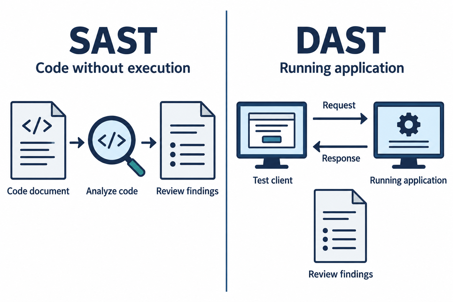 SAST follows code into an analyzer; DAST exchanges requests and responses with a running application. Both produce findings for review.