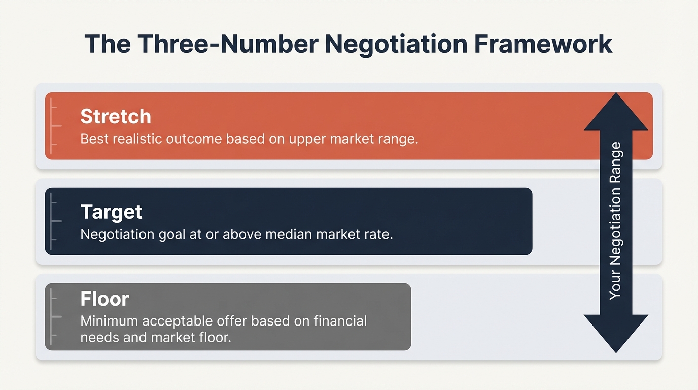 Infographic showing the Three-Number Negotiation Framework with three horizontal bars representing Floor (minimum acceptable offer), Target (negotiation goal at median market rate), and Stretch (best realistic outcome at upper market range), with an arrow spanning all three indicating the negotiation range.