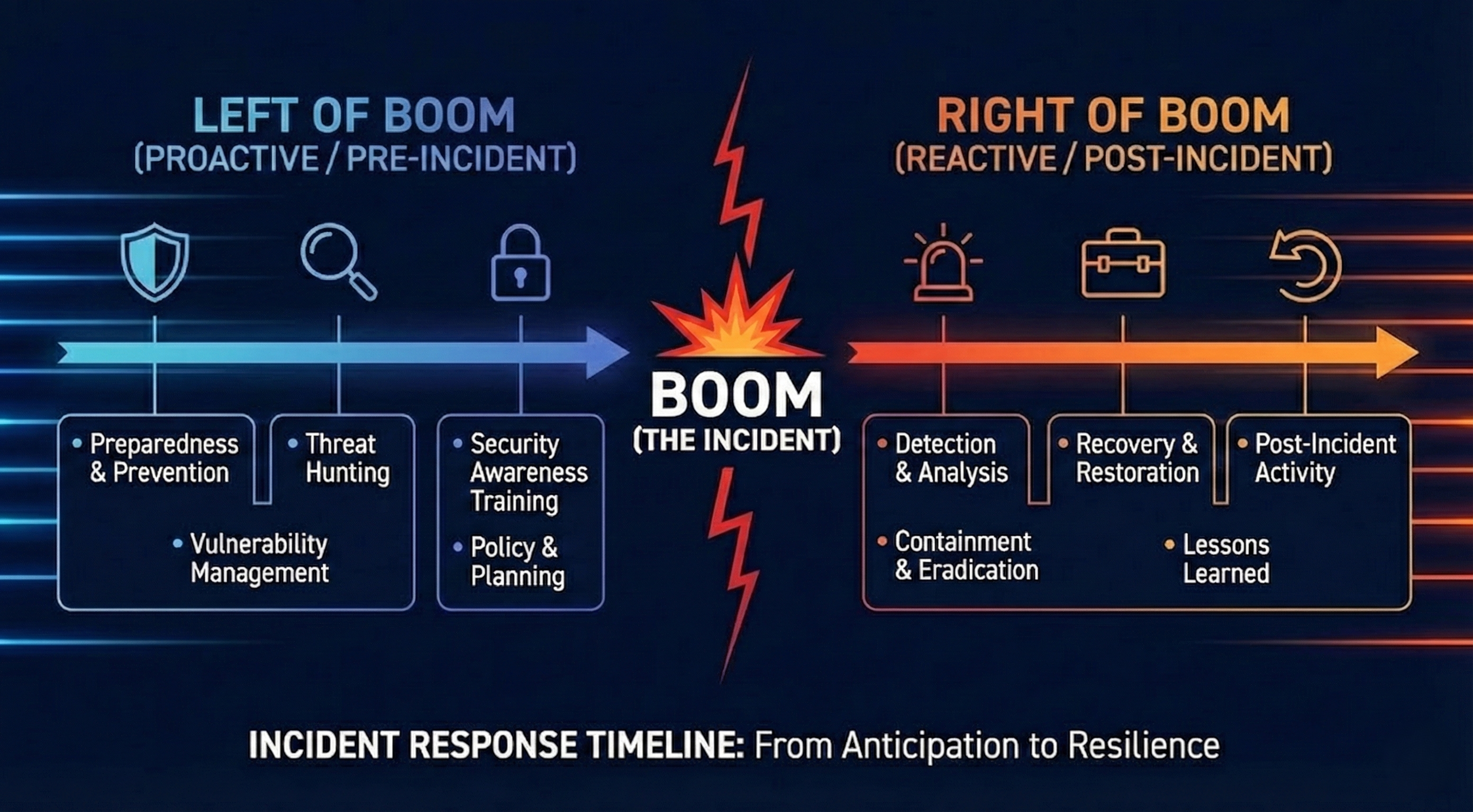 Incident Response Timeline diagram titled 'From Anticipation to Resilience.' A horizontal arrow is divided into three phases by a central explosion icon labeled 'BOOM (The Incident).' The left side, labeled 'Left of Boom (Proactive/Pre-Incident),' lists Preparedness and Prevention, Vulnerability Management, Threat Hunting, Security Awareness Training, and Policy and Planning. The right side, labeled 'Right of Boom (Reactive/Post-Incident),' lists Detection and Analysis, Containment and Eradication, Recovery and Restoration, Lessons Learned, and Post-Incident Activity.