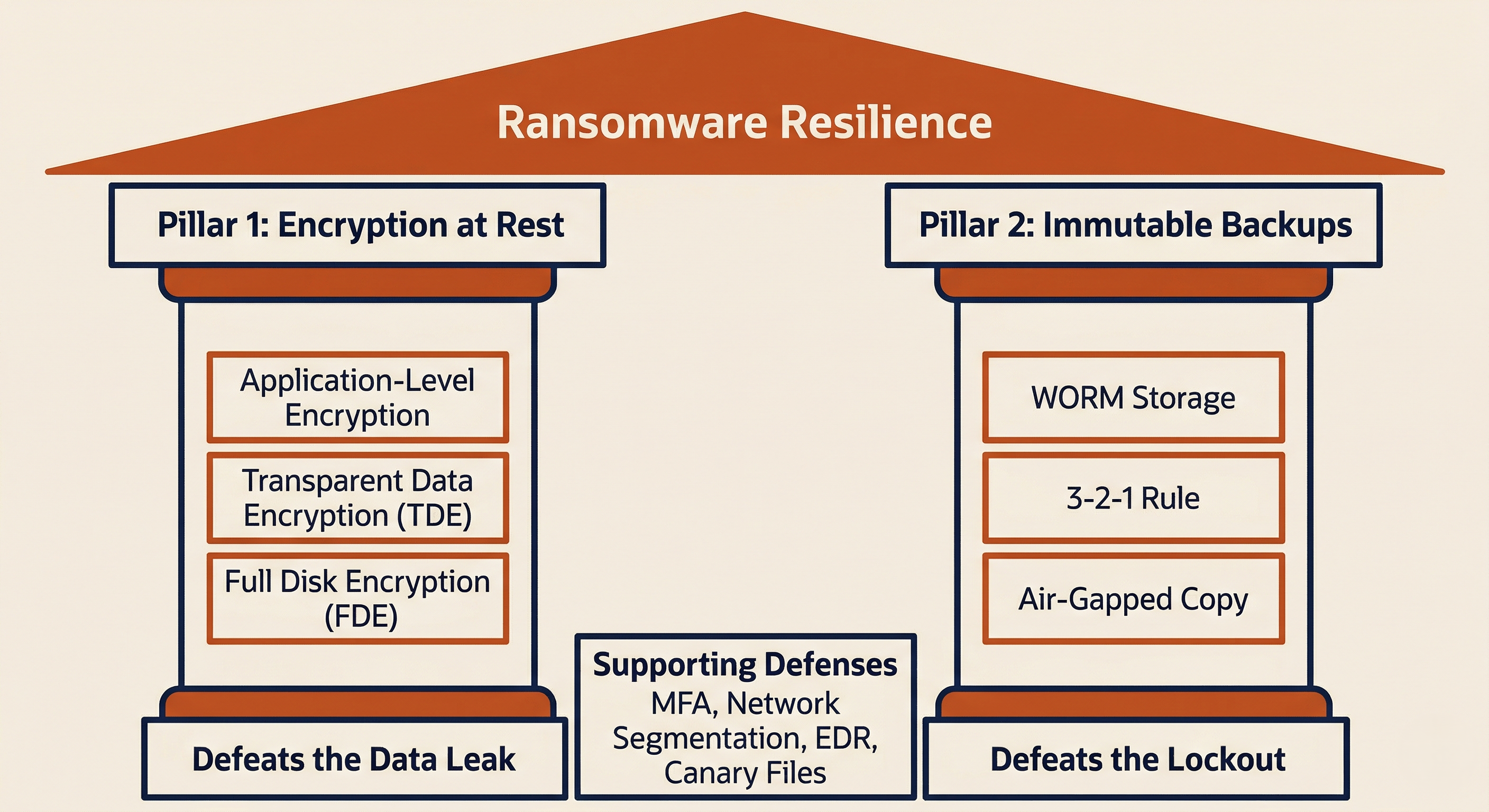 Structural diagram showing two pillars of ransomware defense: Pillar 1 (Encryption at Rest) defeats the data leak threat, and Pillar 2 (Immutable Backups) defeats the lockout threat, both resting on a foundation of supporting defenses including MFA, segmentation, EDR, and canary files.