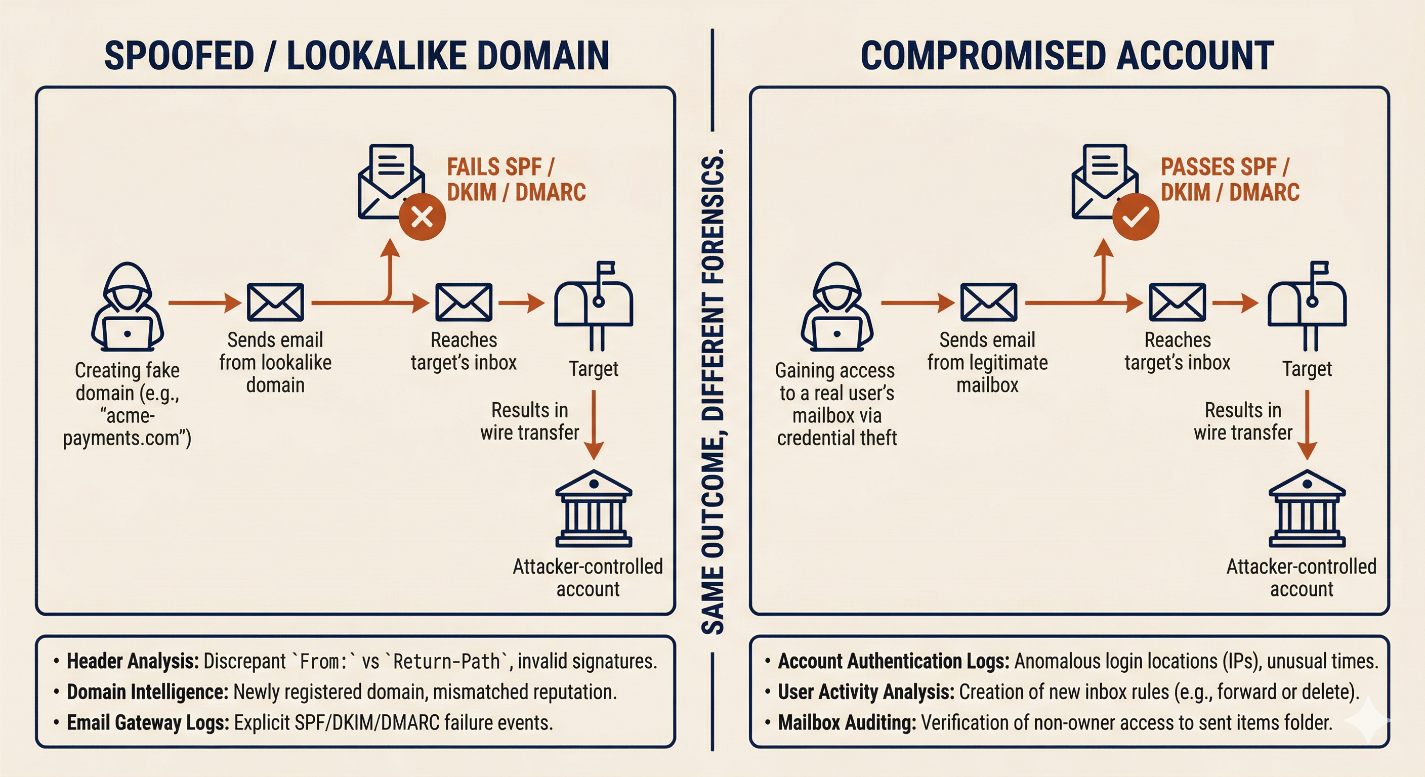 Split-panel diagram comparing two BEC attack paths: spoofed domain attacks that fail email authentication versus compromised account attacks that pass authentication, both resulting in fraudulent wire transfers but producing different forensic indicators.
