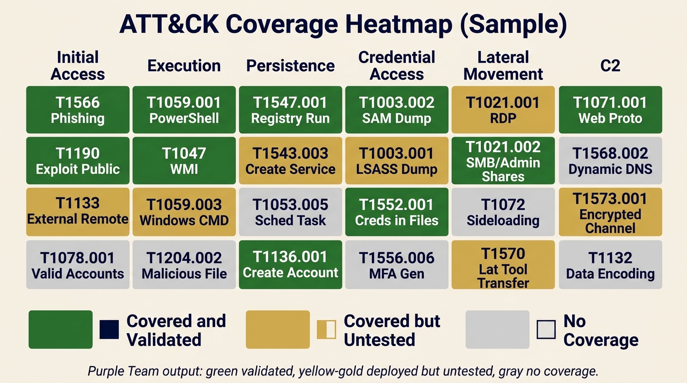 Simplified MITRE ATT&CK coverage heatmap with six tactic columns and four technique rows, cells colored green for covered-and-validated, yellow-gold for covered-but-untested, and gray for no-coverage, with a legend that pairs each color with a distinct shape icon so the diagram remains readable without color.