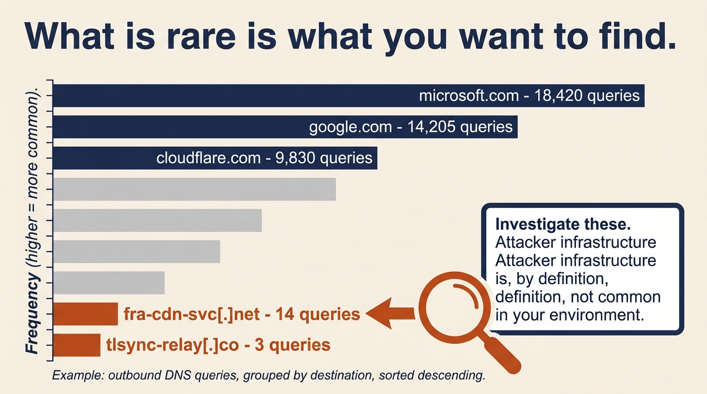 Horizontal bar chart ranking ten DNS destinations by query volume, with common services like microsoft.com and google.com at the top and two low-frequency unfamiliar domains at the bottom highlighted in orange as the candidates an analyst should investigate, illustrating that in frequency stacking the bottom of the list is the starting point.