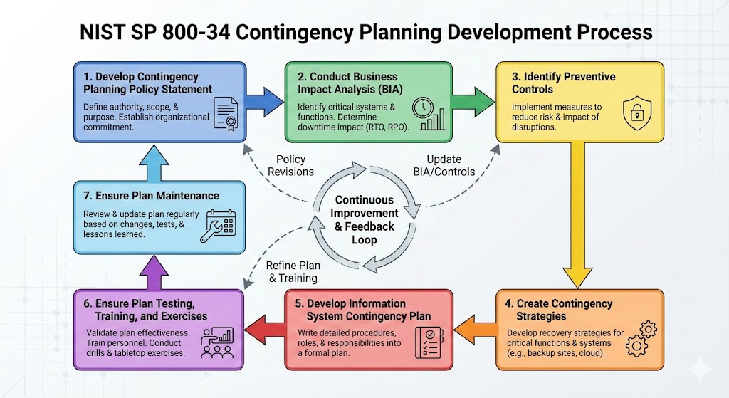 Flowchart of the NIST SP 800-34 Contingency Planning Development Process showing seven sequential steps arranged in a cycle. Step 1: Develop Contingency Planning Policy Statement, define authority, scope, and purpose. Step 2: Conduct Business Impact Analysis, identify critical systems and determine downtime impact via RTO and RPO. Step 3: Identify Preventive Controls, implement measures to reduce risk and impact of disruptions. Step 4: Create Contingency Strategies, develop recovery strategies for critical functions such as backup sites and cloud. Step 5: Develop Information System Contingency Plan, write detailed procedures, roles, and responsibilities. Step 6: Ensure Plan Testing, Training, and Exercises, validate effectiveness through drills and tabletop exercises. Step 7: Ensure Plan Maintenance, review and update regularly based on changes, tests, and lessons learned. A central circular arrow labeled 'Continuous Improvement and Feedback Loop' connects all steps, with dashed arrows showing Policy Revisions and Update BIA/Controls feeding back into the cycle.