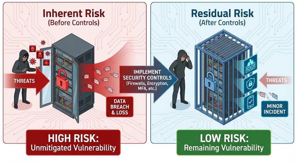 Side-by-side comparison illustrating Inherent Risk versus Residual Risk. The left panel, labeled 'Inherent Risk (Before Controls)' and marked 'HIGH RISK: Unmitigated Vulnerability,' shows a threat actor freely accessing an unprotected server rack, resulting in data breach and loss. A center arrow labeled 'Implement Security Controls (Firewalls, Encryption, MFA, etc.)' points to the right panel, labeled 'Residual Risk (After Controls)' and marked 'LOW RISK: Remaining Vulnerability,' where the same server is now enclosed in a secure cage with a lock, and the threat actor is blocked, resulting in only a minor incident.