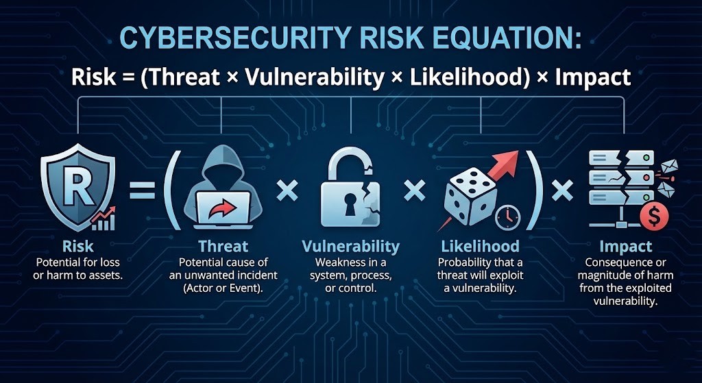 Infographic displaying the cybersecurity risk equation: Risk equals Threat times Vulnerability times Likelihood times Impact. Each variable is represented by an icon and defined below it. Threat is the potential cause of an unwanted incident. Vulnerability is a weakness in a system, process, or control. Likelihood is the probability a threat will exploit a vulnerability. Impact is the consequence or magnitude of harm from the exploited vulnerability.