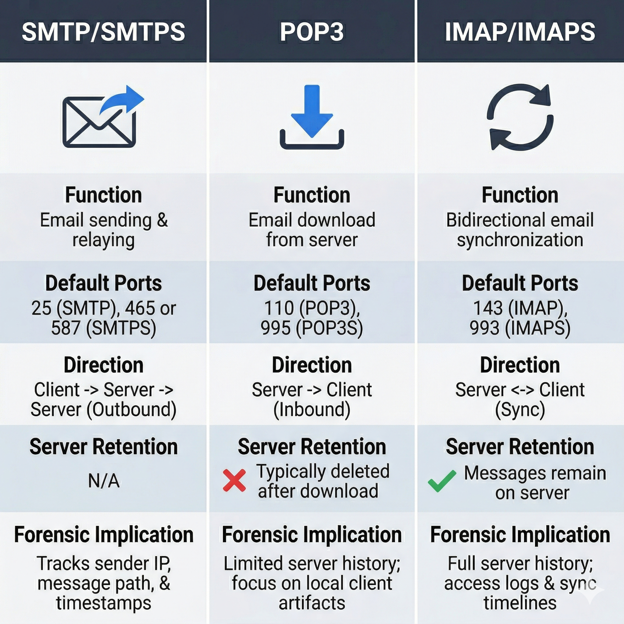 Three-column comparison infographic showing SMTP, POP3, and IMAP protocols side by side with icons, functions, port numbers, data direction, server retention behavior, and forensic implications.