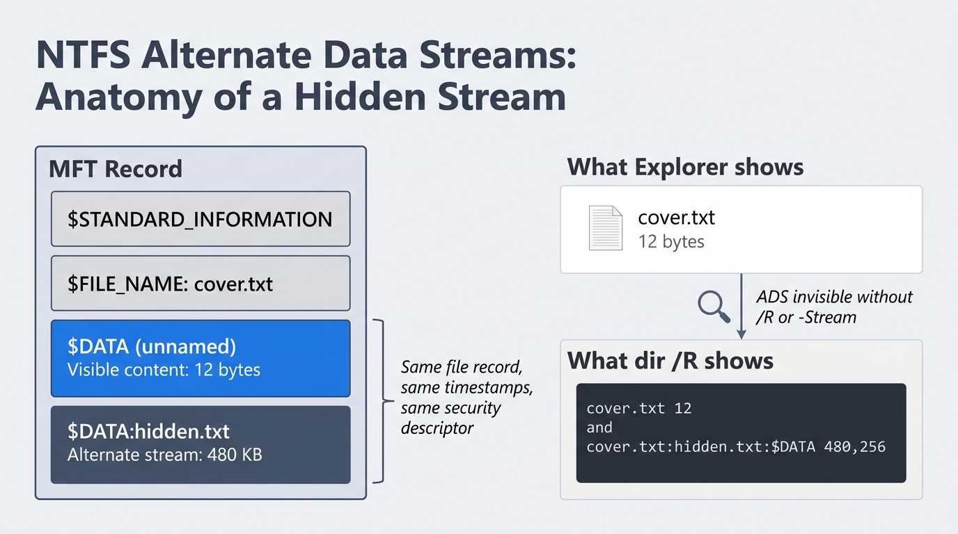 Diagram of an NTFS MFT record containing both an unnamed default DATA attribute (12 bytes visible) and a named alternate data stream called hidden.txt (480 KB concealed), with side panels showing that Explorer displays only the 12-byte file while dir /R reveals the hidden stream.