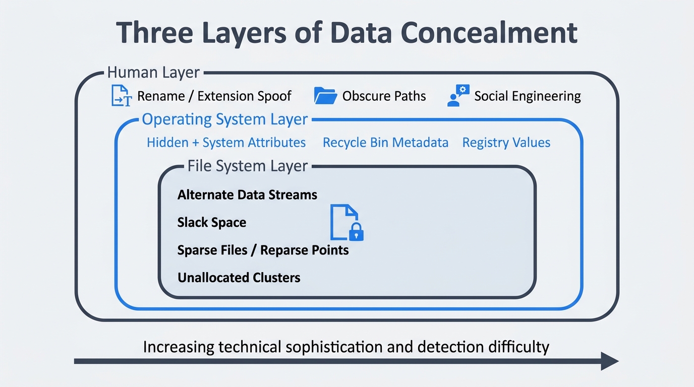 Three concentric rectangles representing the human layer (rename, obscure paths), operating system layer (attributes, recycle bin, registry), and file system layer (ADS, slack, sparse, unallocated) of data concealment, with an arrow indicating increasing sophistication from outer to inner.