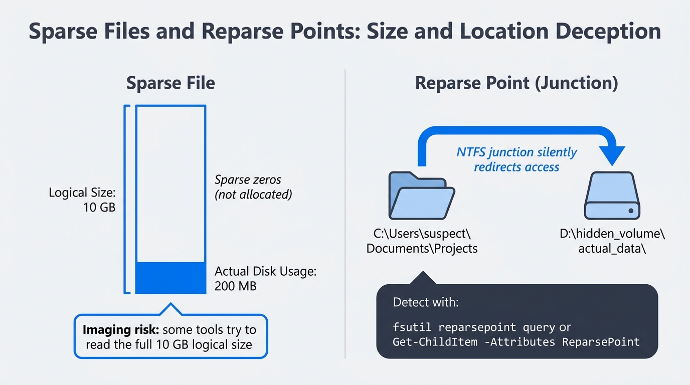 Split-panel diagram showing a sparse file with a 10 GB logical size but only 200 MB of actual disk allocation on the left, and an NTFS junction reparse point silently redirecting folder access to a different volume on the right, with detection commands listed below each.