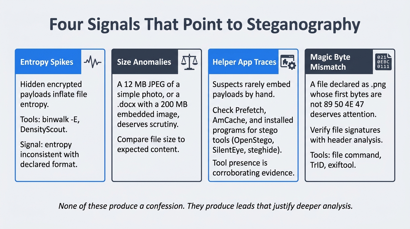Four-card reference showing the primary steganography detection indicators: entropy spikes measured by binwalk, file size anomalies relative to content, helper application traces in Prefetch and AmCache, and magic byte mismatches between declared extension and actual file header.