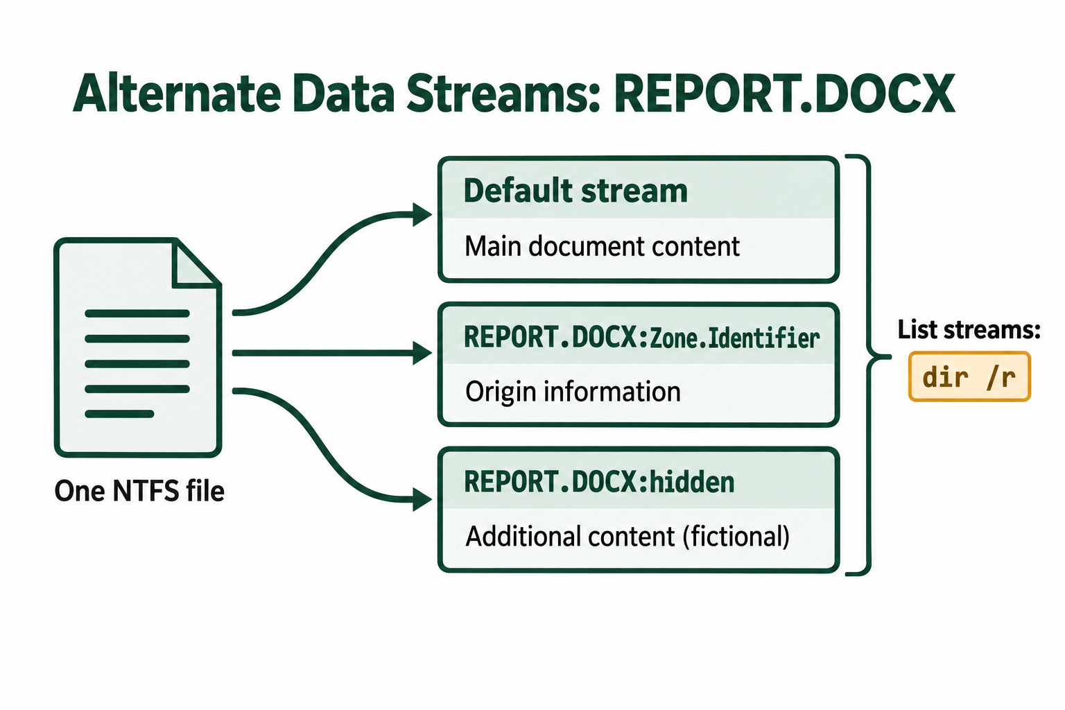 REPORT.DOCX contains a default stream, a Zone.Identifier stream, and a fictional hidden stream. The command dir /r lists named streams.