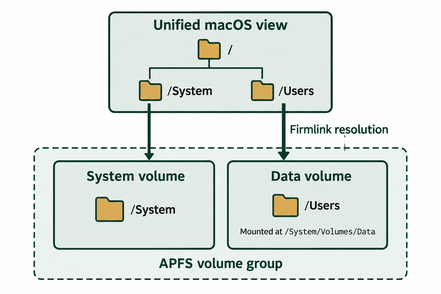 The unified macOS directory view resolves /System to the System volume and /Users to the Data volume through firmlink resolution within their volume group.