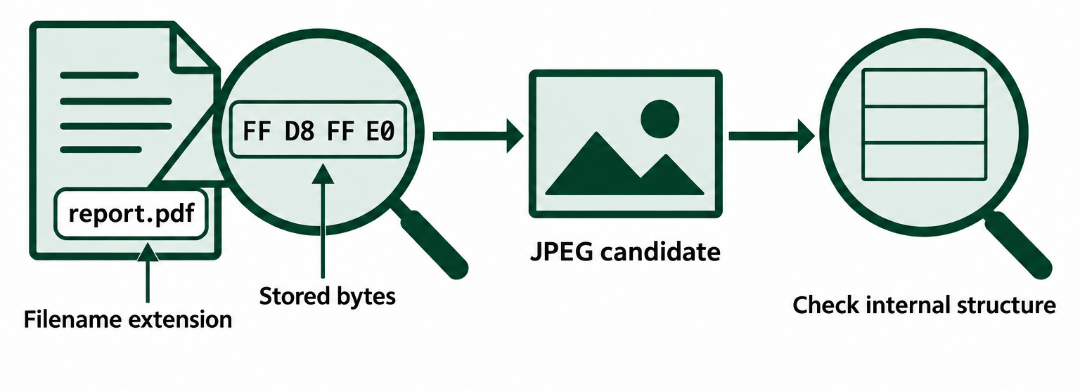 A file named report.pdf contains a JPEG signature. The bytes suggest a JPEG candidate that still needs structural validation.