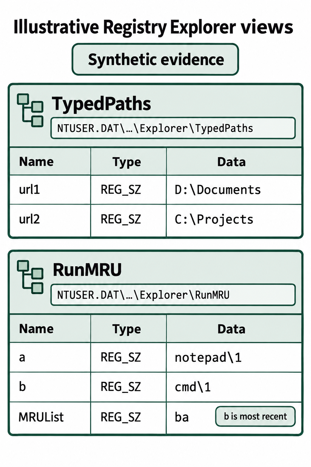 TypedPaths contains two directory paths; RunMRU contains notepad and cmd entries with an ordering string that places cmd first.