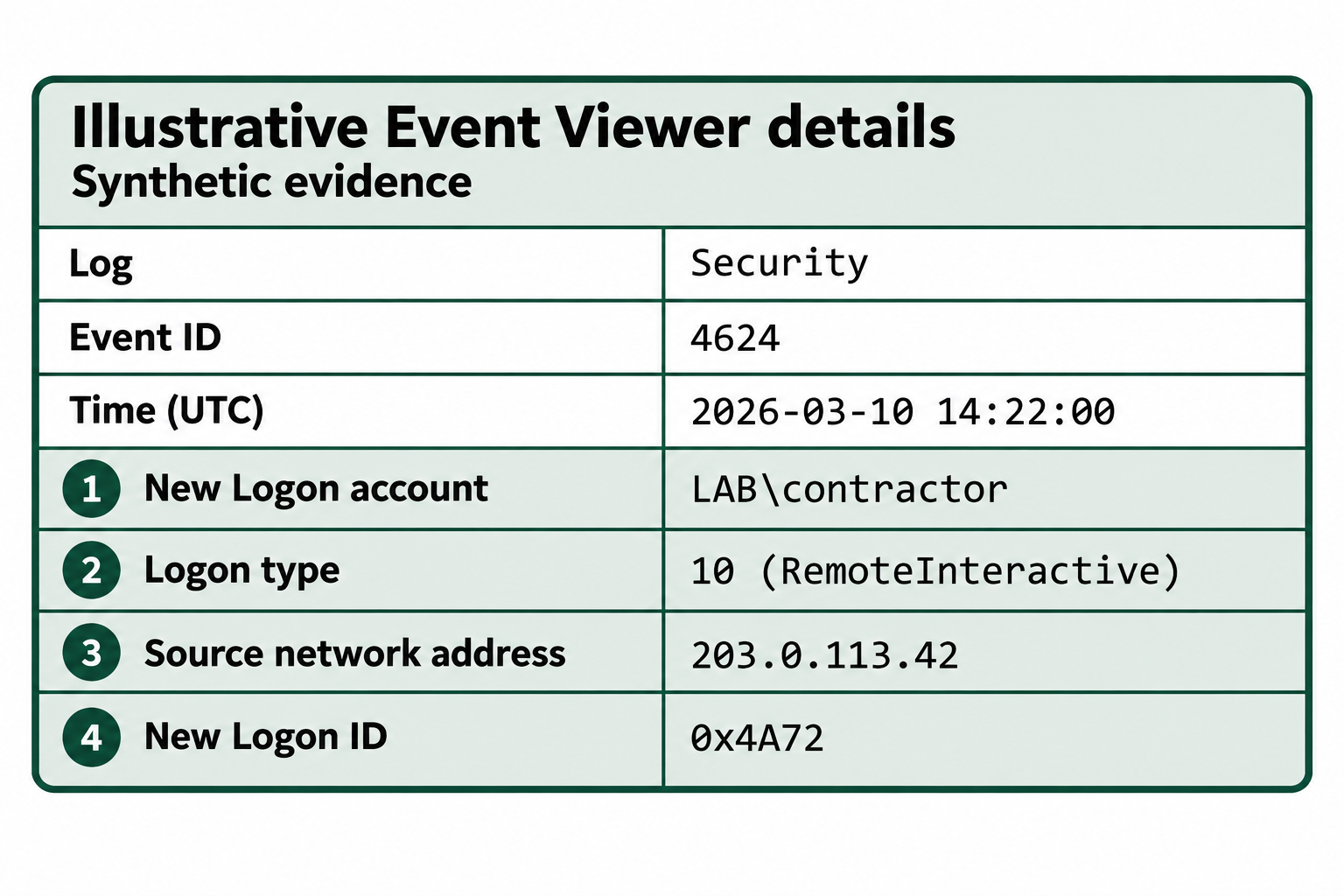 Illustrative Event Viewer details for synthetic Security event 4624, highlighting account, logon type, source address, and Logon ID.