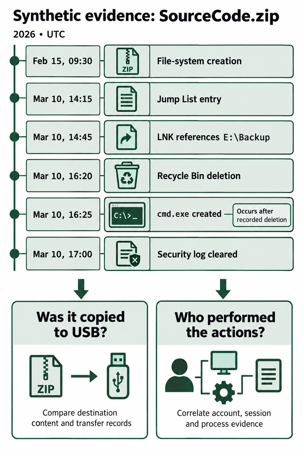 Synthetic SourceCode.zip timeline that separates six observations from unresolved questions about USB copying and attribution.