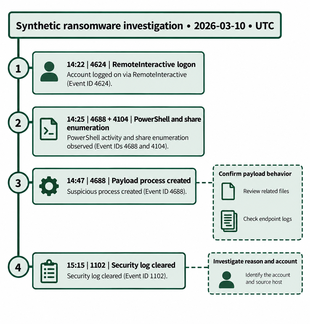 Synthetic ransomware timeline with four observed events and dashed branches for confirming payload behavior and investigating log clearing.