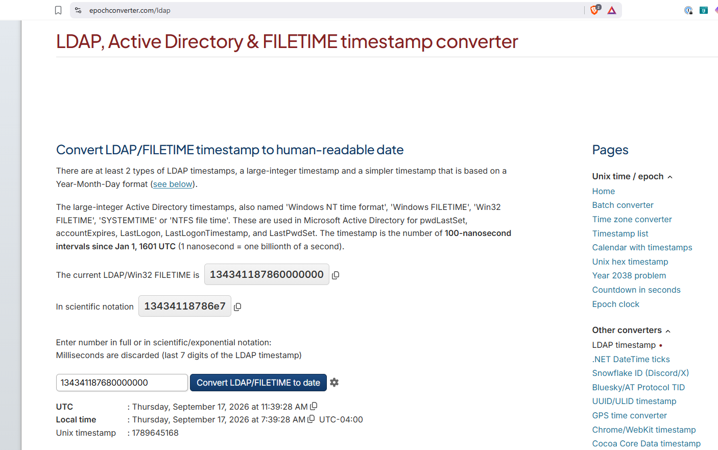The Epoch Converter LDAP and FILETIME tool converts the value 134341187680000000 into Thursday, September 17, 2026 at 11:39:28 AM UTC.