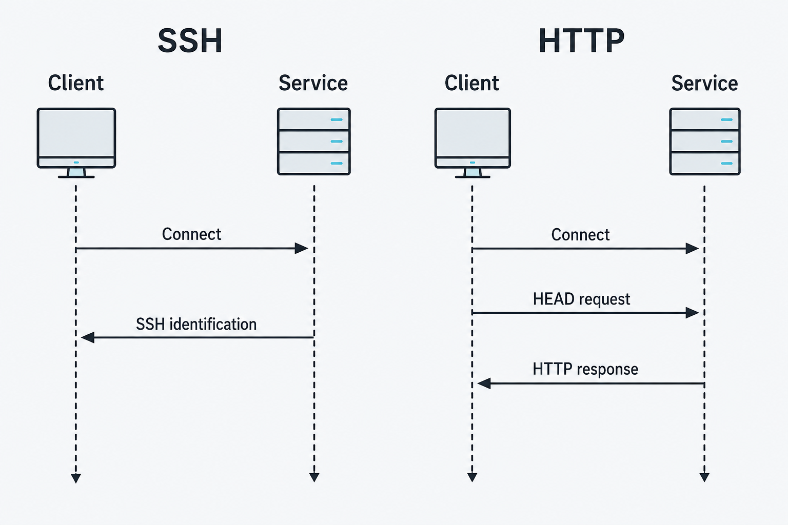 The SSH example returns identification after connection. The HTTP example returns a response after a HEAD request.