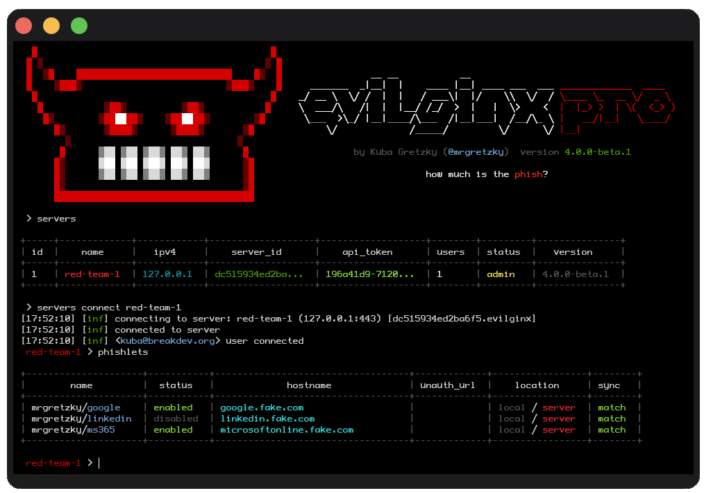 Evilginx console connected to a server with enabled phishlets for Google, LinkedIn, and Microsoft 365.