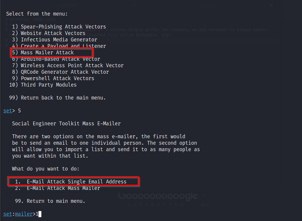 The Social-Engineer Toolkit menu highlights Mass Mailer Attack and then the single-email attack option.